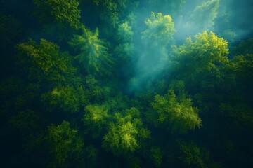  Aerial View Of Lush Green Forest Canopy With Sun Rays Filtering Through Misty Atmosphere