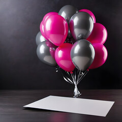 Wall Mural - Bright balloons in pink and gray colors gathered together against a dark background