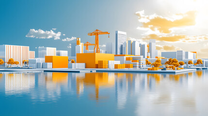 Fototapete - A vibrant urban landscape featuring modern buildings and a crane, reflecting on a calm water surface under a bright sky