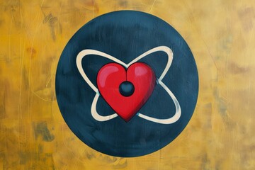 Painting of a red heart surrounded by an atom symbol on a dark blue and gold background