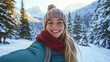 © Stefan - Joyful Girl in Winter Wonderland Taking Selfie Among Snow Covered Mountains and Trees