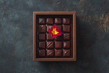 A flat lay of gourmet chocolates in a craft box styled with a single flower on top. picture