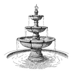 Fototapete - Three Tiered Fountain with Water Flowing Detailed Black and White Outline Line Art Drawing