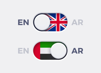 Fototapete - English language mode and Arabic language mode toggle switch buttons.Toggle slider with United Kingdome flag icon and UAE flag icon. Material design slider switch buttons set. Vector illustration.