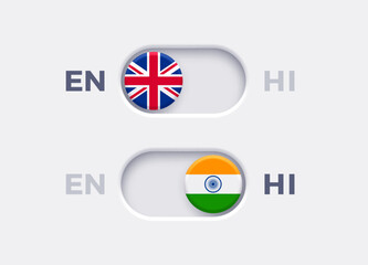 Fototapete - English language mode and Hindi language mode toggle switch buttons.Toggle slider with United Kingdome flag icon and Indian flag icon. Material design slider switch buttons set. Vector illustration.