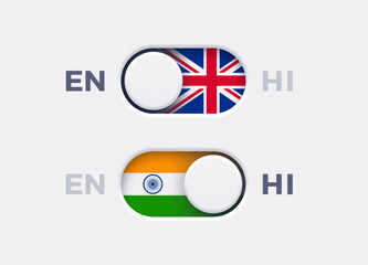 Fototapete - English language mode and Hindi language mode toggle switch buttons.Toggle slider with United Kingdome flag icon and Indian flag icon. Material design slider switch buttons set. Vector illustration.