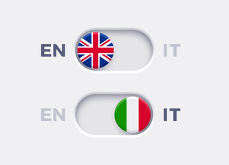 Fototapete - English language mode and Italian language mode toggle switch buttons.Toggle slider with United Kingdome flag icon and Italian flag icon. Material design slider switch buttons set. Vector illustration