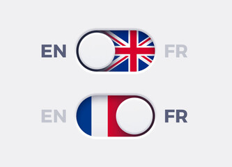 Fototapete - English language mode and French language mode toggle switch buttons.Toggle slider with United Kingdome flag icon and French flag icon. Material design slider switch buttons set. Vector illustration.