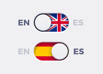 Leinwandbilder - English language mode and Spanish language mode toggle switch buttons.Toggle slider with United Kingdome flag icon and Spanish flag icon. Material design slider switch buttons set. Vector illustration