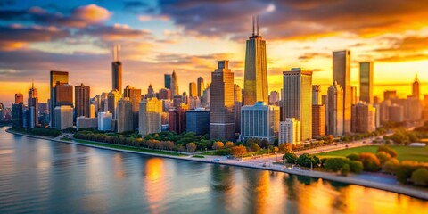 Wall Mural - Chicago Skyline Early Morning Tilt-Shift Photography - Vibrant Cityscape