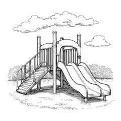 Wall Mural - kids playground with double slide in detailed black and white outline line art drawing