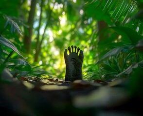 Canvas Print - A foot emerges from the jungle floor, sunlight filtering through the dense foliage.