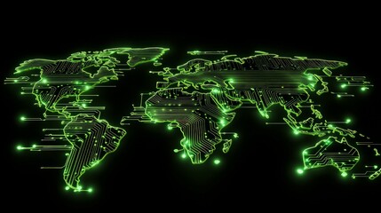 Wall Mural - high-tech green world map with digital circuit patterns and glow