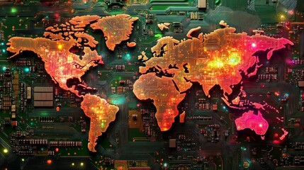 Wall Mural - abstract world map design with neon lights and circuit background