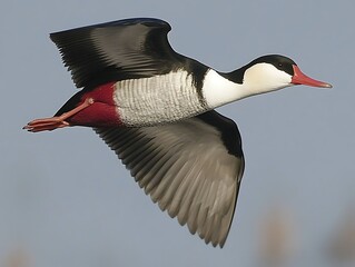 Wall Mural - A red-crested pochard duck in flight, showcasing its vibrant plumage and spread wings against a muted sky.