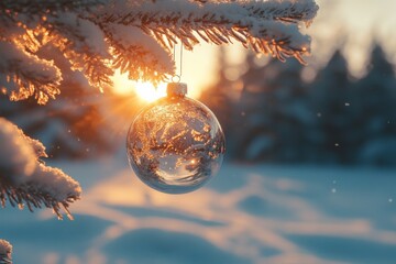 Wall Mural - Holiday ornament hangs from snowy tree branch as sunset casts warm glow over winter landscape