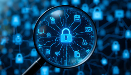 A magnifying glass reveals a blue glowing digital network of icons.
