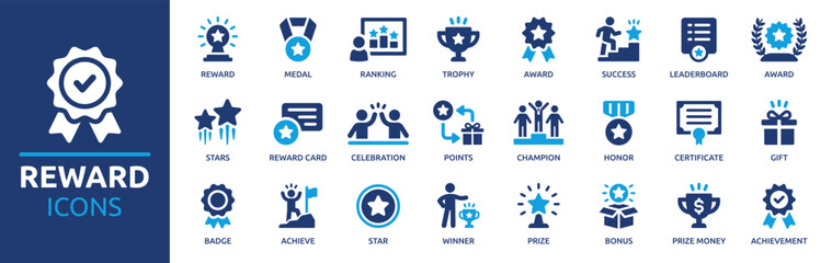 Reward icon set. Containing award, prize, medal, gift, trophy, badge, points, achievement, certificate and more. Solid vector icons collection.