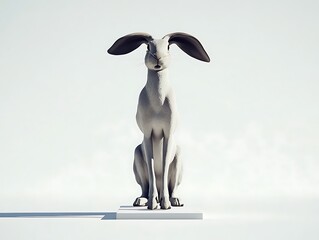 Wall Mural - A white hare sits on a white pedestal against a white background.