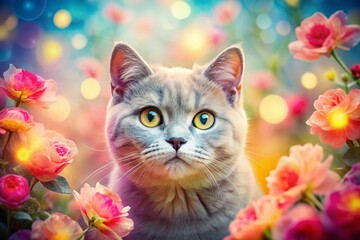  Cute British Shorthair Cat Double Exposure Stock Photo - Nature & Pet