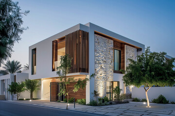 Wall Mural - Elegant modern house featuring a stone facade, wooden paneling, and sleek white walls, beautifully illuminated during twilight with lush surrounding greenery