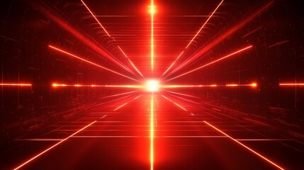 Wall Mural - red virtual abstract space tunnel with neon line lights, spectrum of vibrant colors creating a laser
