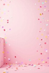 Poster - Pastel Celebration A Pink Room Filled with Falling Confetti for Festive Backgrounds