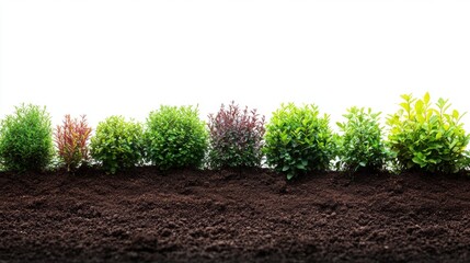 Wall Mural - Vibrant Green Shrubs Against Bright White Background with Soil