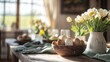© LIDIIA - Spring Morning Table Setting. Rustic wooden table decorated with cream tulips in white pitcher and fresh eggs in wooden bowl, featuring sage green linens and natural sunlight.
