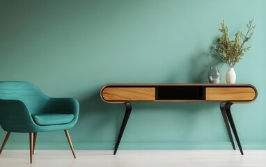 Wall Mural - 3D rendering of a modern interior design with a pastel green wall and a wooden console table in front, an empty space for product mockup display, a teal armchair on the left side