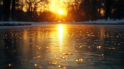 Canvas Print - Frozen lake sunset, winter park, ice sparkles