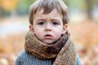 © SUCCESS HOLDINGS - A close-up portrait of a little boy with a curious yet serious expression, wearing a knitted brown scarf and gray sweater, standing outdoors in an autumn park with colorful leaves in the background