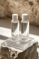 Wall Mural - Elegant glass bottles of liquid on a clear stone surface with a natural background during daylight