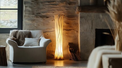 Canvas Print - Cozy living room with a unique wooden floor lamp, armchair, fireplace, and natural textures.