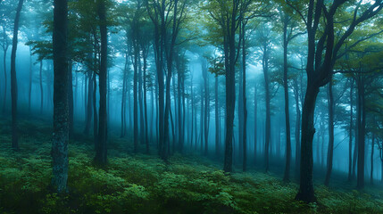 Sticker - Misty Forest Hillside, Nature Scene, Wallpaper