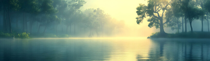 Sticker - Misty sunrise river, forest, calm water, background website banner