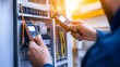 © Minom - Technician using multimeters to troubleshoot electrical panel in a modern industrial setting