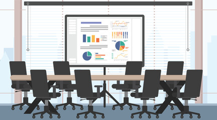 Business meeting room with a projector, Room with presentation showing business data on projector screen.