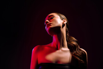 Wall Mural - Photo of passionate girl with closed eyes feel tempting desire isolated black neon background