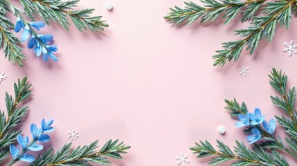 Wall Mural - Frosted Pine Branches and Delicate Blue Flowers Create a Festive Winter Border on a Pink Background