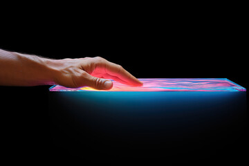 Hand using holographic technology for futuristic display interaction