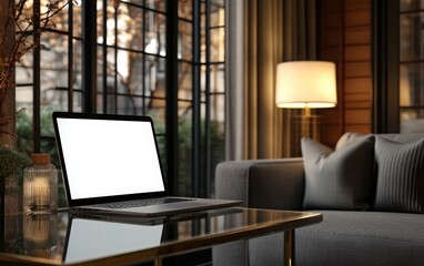 Wall Mural - A realistic photo of a modern laptop on a glass table with a blank screen, placed in front of a soft charcoal grey sofa. The space is lit by soft, natural light