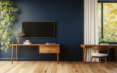 Wall Mural - A stylish bedroom with a deep navy blue wall, a sleek desk, and a TV mock-up on the wall. The side window view adds natural light to the scene