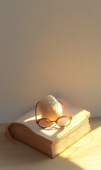 Canvas Print - Beige egg and glasses on open book in sunlight.