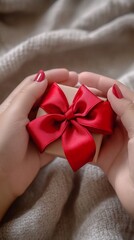 Wall Mural - Female hands with red manicure holding elegant white gift box decorated with luxurious scarlet silk bow against soft cozy knitted background, creating festive mood.