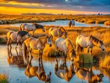 Konik Polski Ponies Grazing Suffolk Marshes Sunset Golden Hour