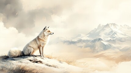 Sticker - A majestic fox sits on a rocky outcrop, gazing towards distant mountains under a cloudy sky, blending serene nature with artistic beauty.