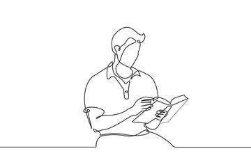 Wall Mural - Continuous Line Drawing of Reading Man with Book in Sitting Pose. One Line Drawing of Male with Book. Reading or Library, Education Concept Single Line Vector Illustration.