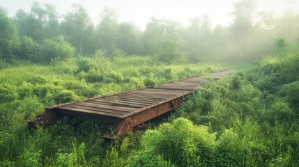 Wall Mural - Wooden bridge through golden meadow, a tranquil path in nature