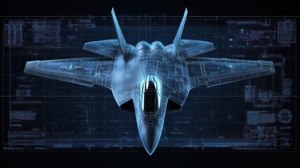 A digital illustration of a fighter jet with a blueprint background, showcasing design details.